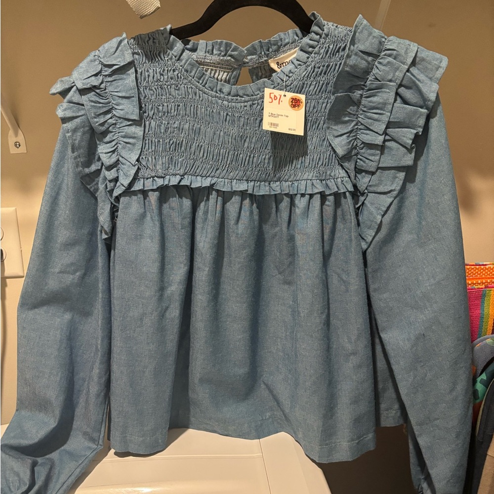 Blue Ruffled Smocked Puff Sleeve Blouse